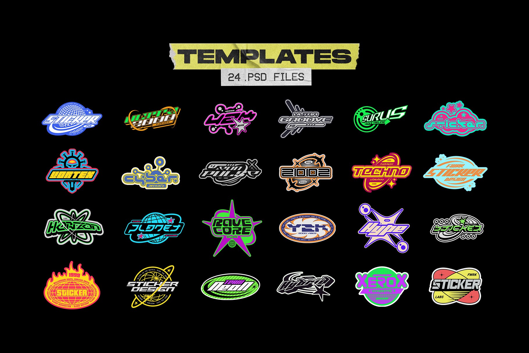 Sticker Labs collection of colorful editable sticker design templates for Photoshop
