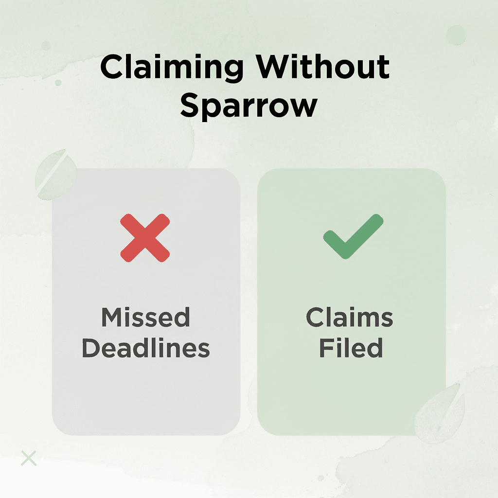 Before and after infographic showing the difference between claiming without and with Sparrow