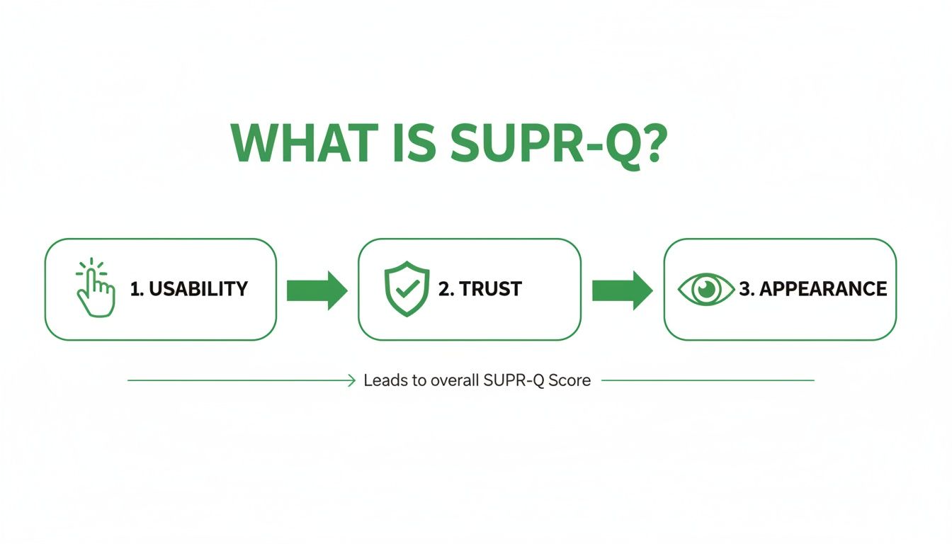 Diagram illustrating the three components of SUPR-Q: Usability, Trust, and Appearance, which lead to an overall score.