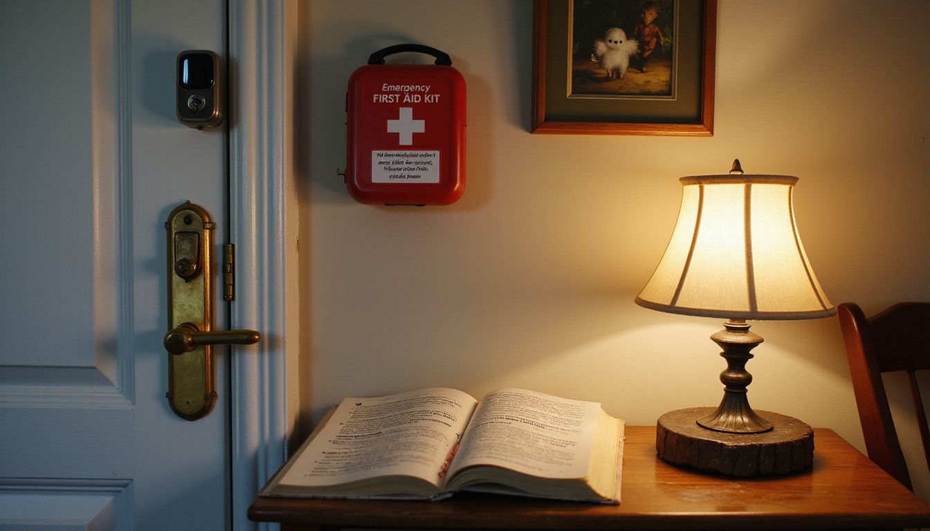 A whimsical vacation rental room features quirky security and playful decor, inviting guests with humor and charm.