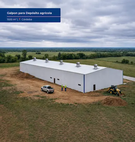 Galpón logístico metálico de 25x60 metros construido con estructura de acero y cerramiento de chapa blanca para depósito industrial en Argentina.