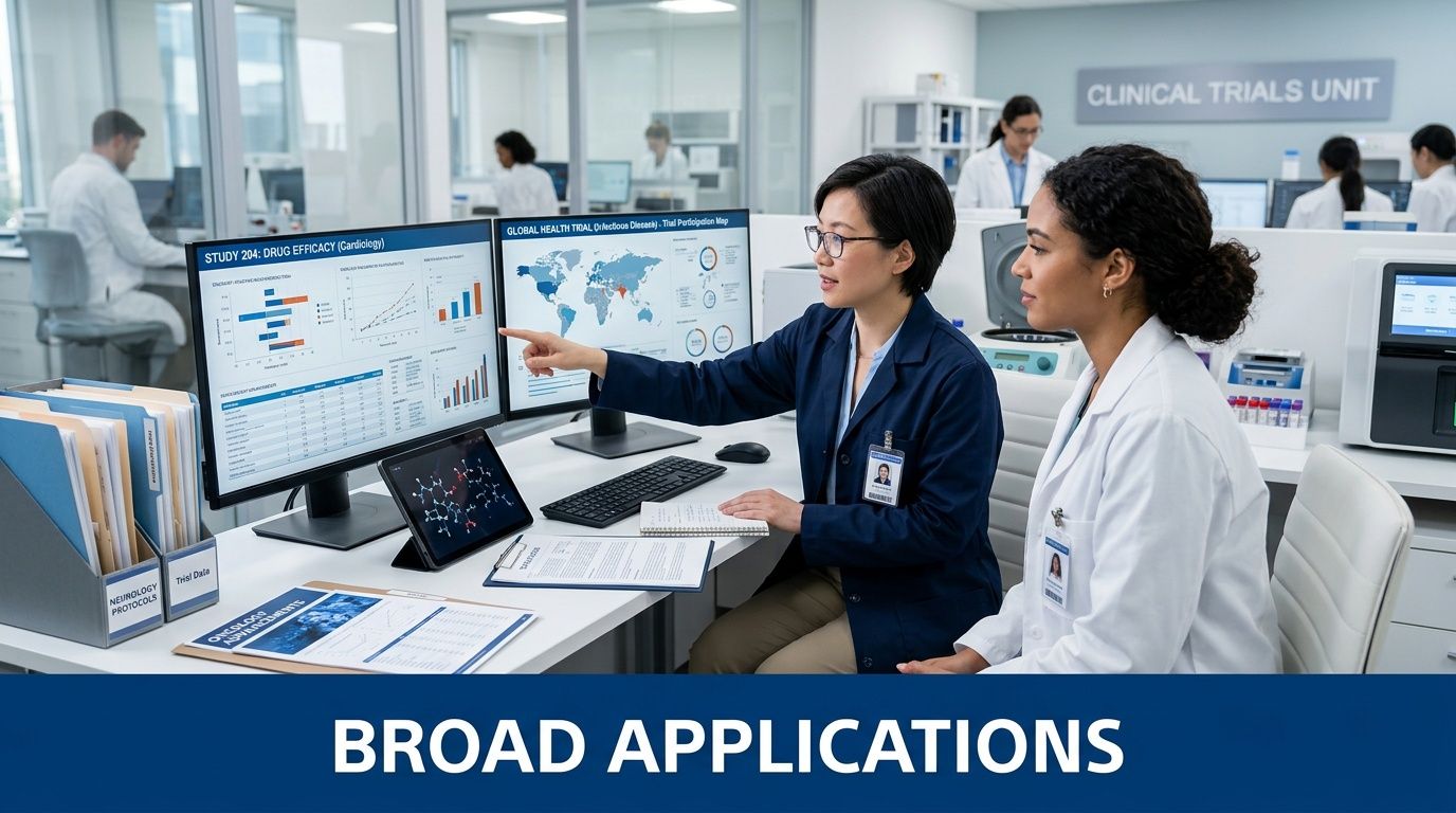 Two scientists in a clinical research lab reviewing data charts on monitors for patient medical trials.