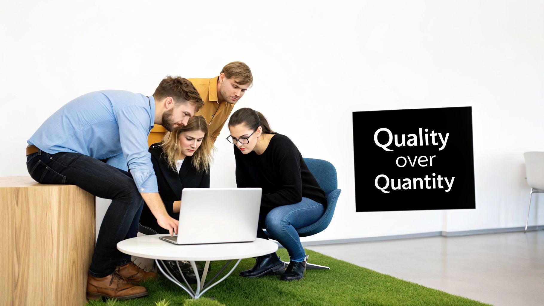 Four diverse colleagues collaborate on a laptop in a modern office with a 'Quality over Quantity' sign.