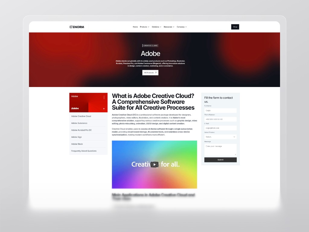 Adobe Creative Cloud product detail page designed for Enorm with vibrant red visuals and clear content structure