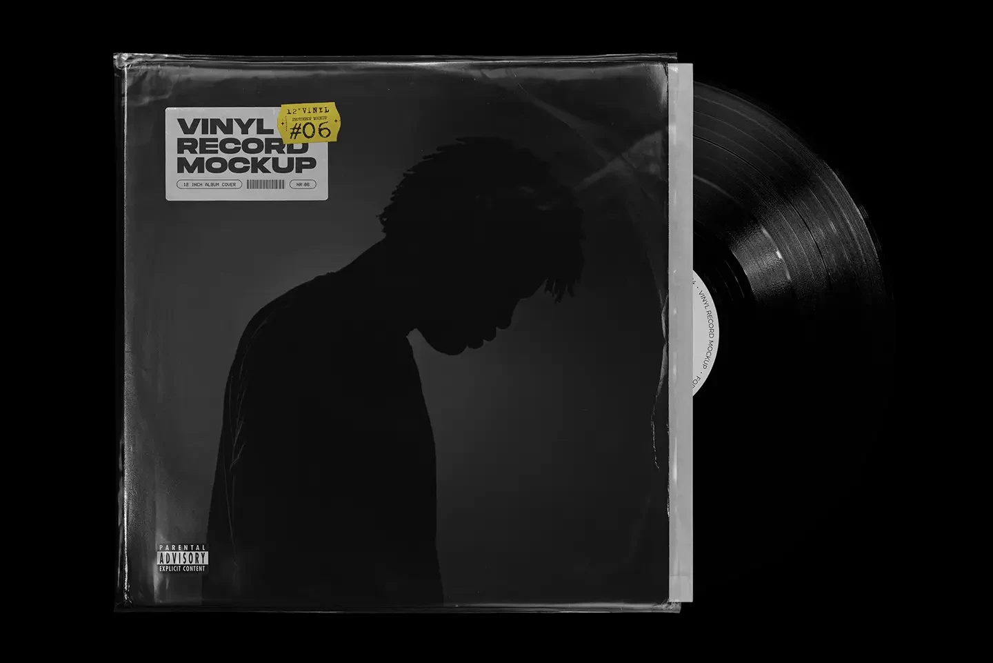 Realistic vinyl record mockup showing plastic sleeve album cover and partially visible vinyl