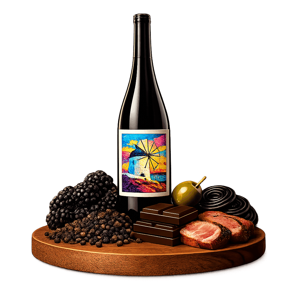 Artistic label and flavor profile for Aegean Syrah on a rustic wooden table.