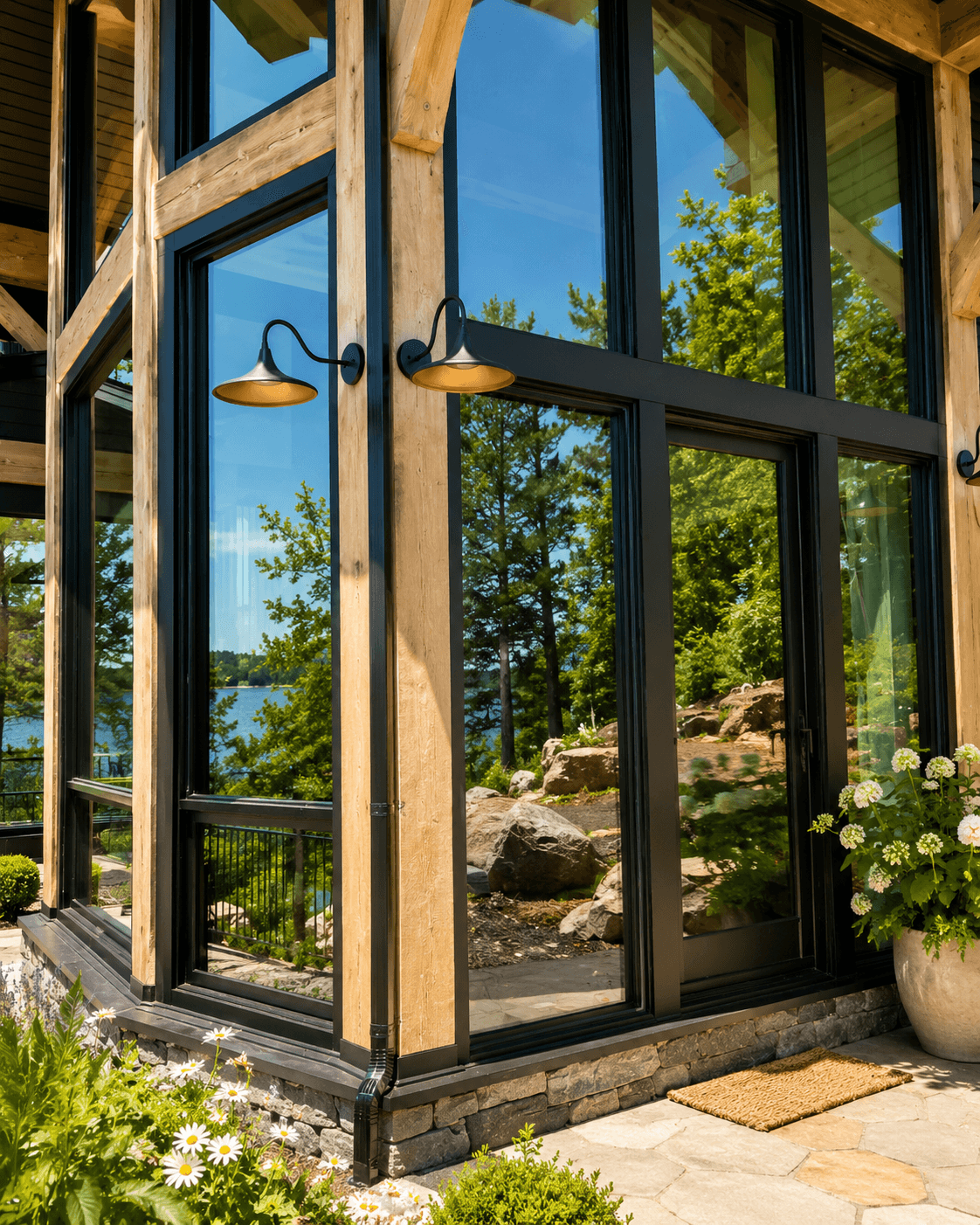 Black modern replacement windows installed on a rustic cedar log cottage in Muskoka.