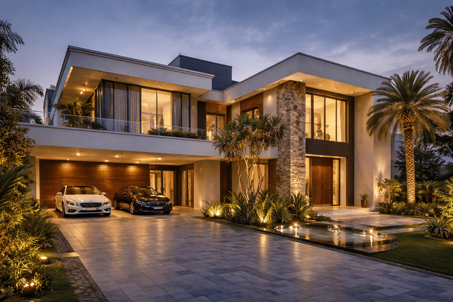 Modern luxury house on a hillside surrounded by trees, featuring large glass windows, a terrace, and a small pool at sunset.