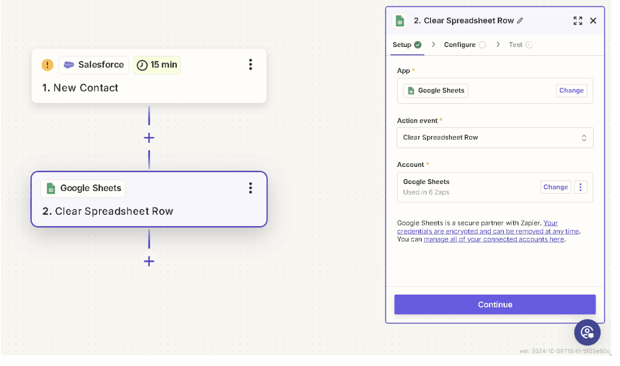 Set up Google Sheets as the action app 