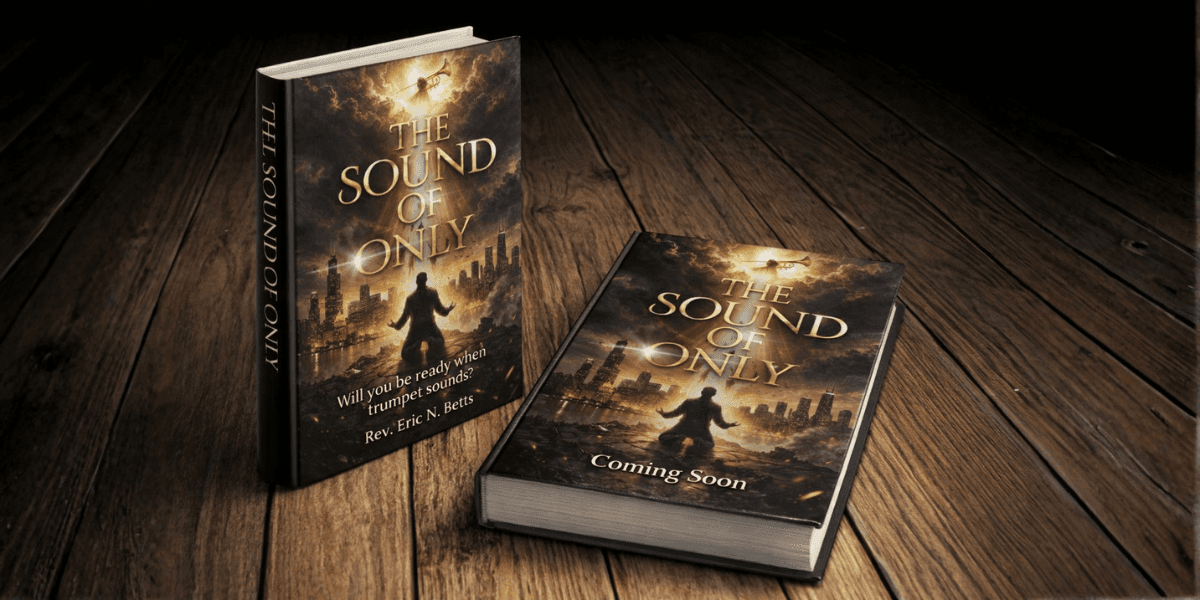 Book mockup of *The Sound of ONLY* showing kneeling figure under trumpet-lit sky, city skyline, on wooden table.