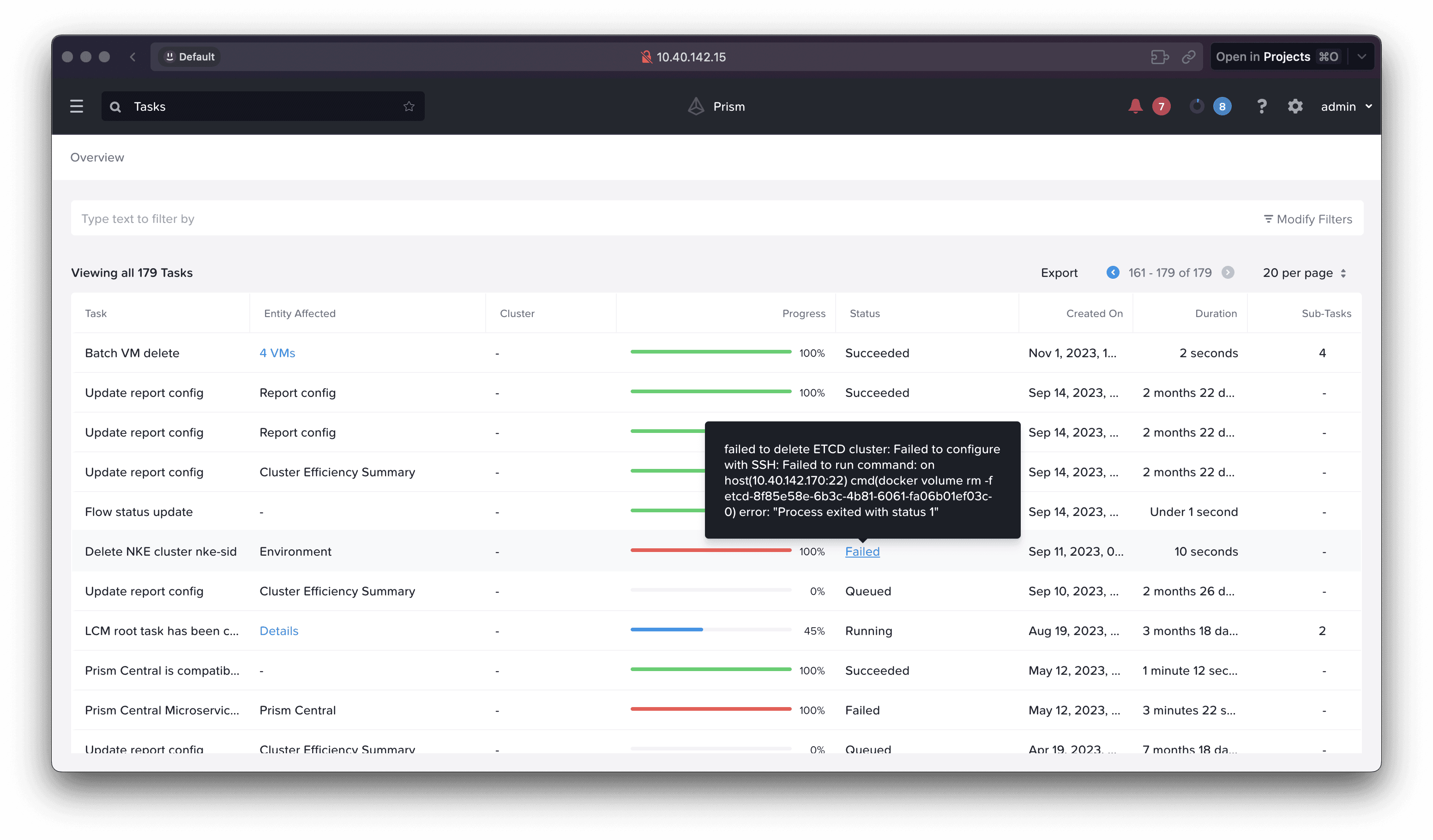 Screenshot of old Tasks view on Prism
