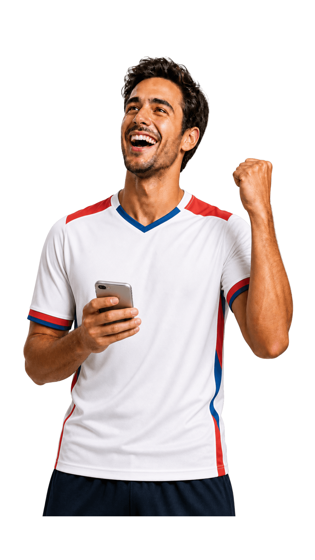 Happy woman in a green sweater holding a phone and looking up