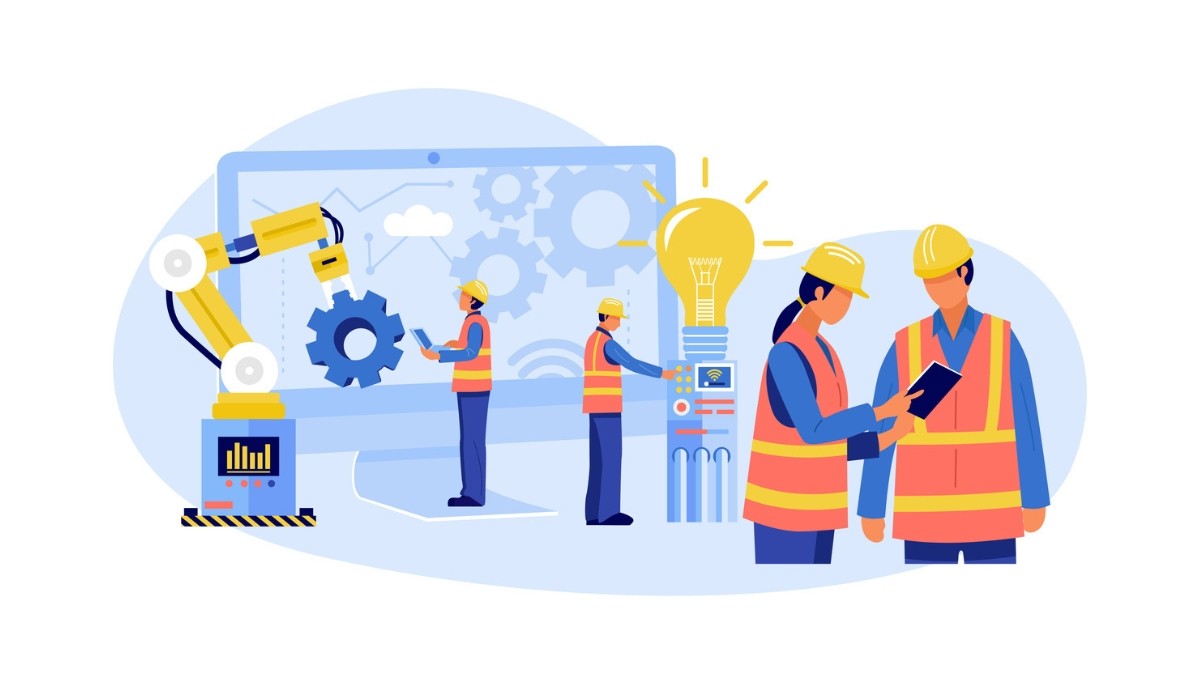 Illustration of two people adjusting interlocking gears within a circular arrow loop, surrounded by charts and checklists.