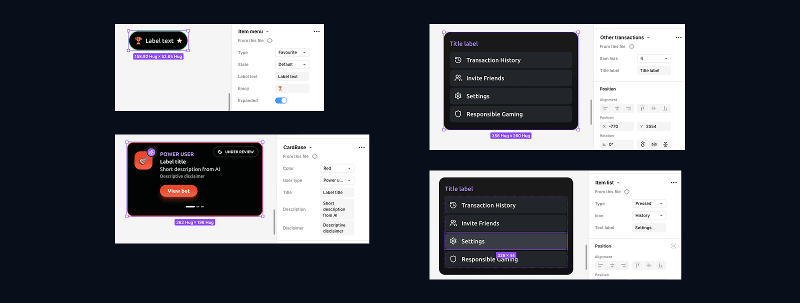 Figma component panels showing Boolean Properties on the AI Recommendation Card and Variables on the Smart Drawer list items — demonstrating production-ready component architecture.