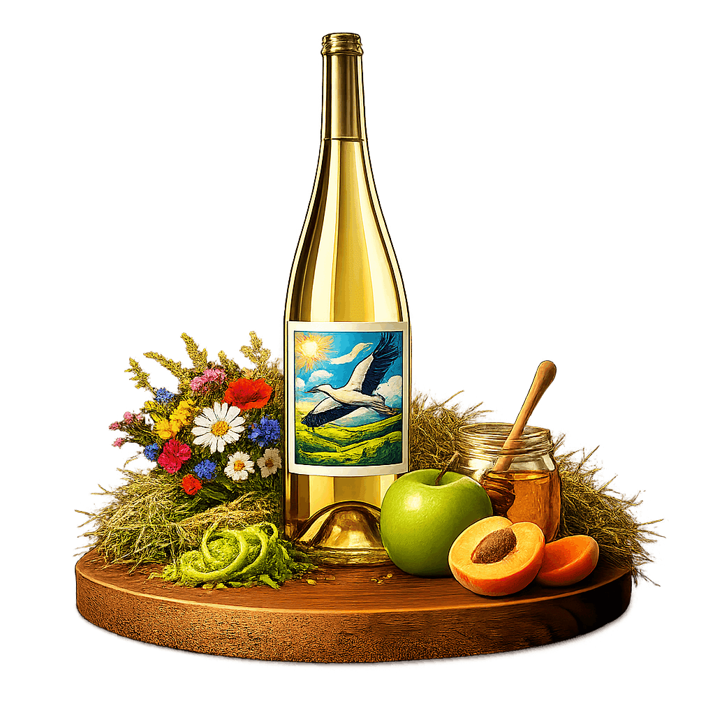 Artistic label and flavor profile for Codru White on a rustic wooden table.