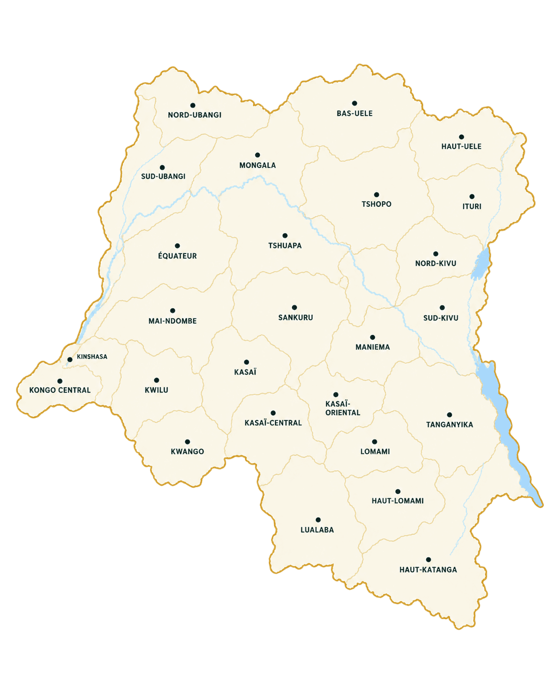 Map of the Democratic Republic of the Congo and its 26 provinces