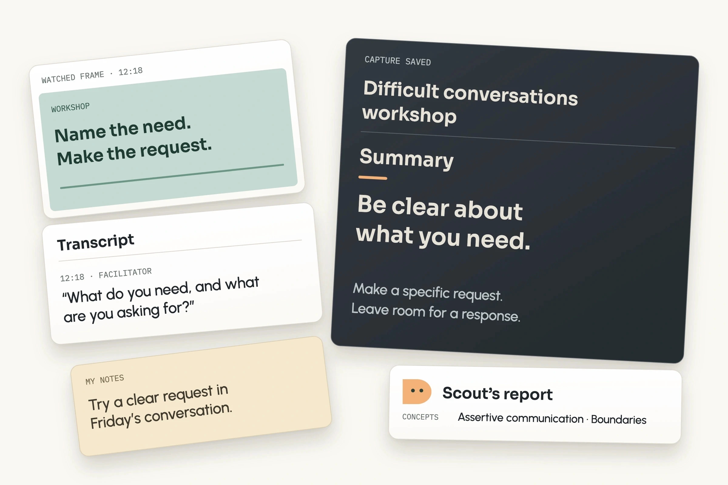 A saved capture with its summary of what was taught, the transcript, notes, and a kept slide