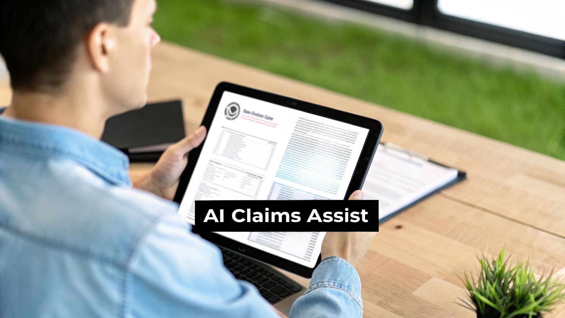 A person views an AI Claims Assist document on a digital tablet at a modern desk.