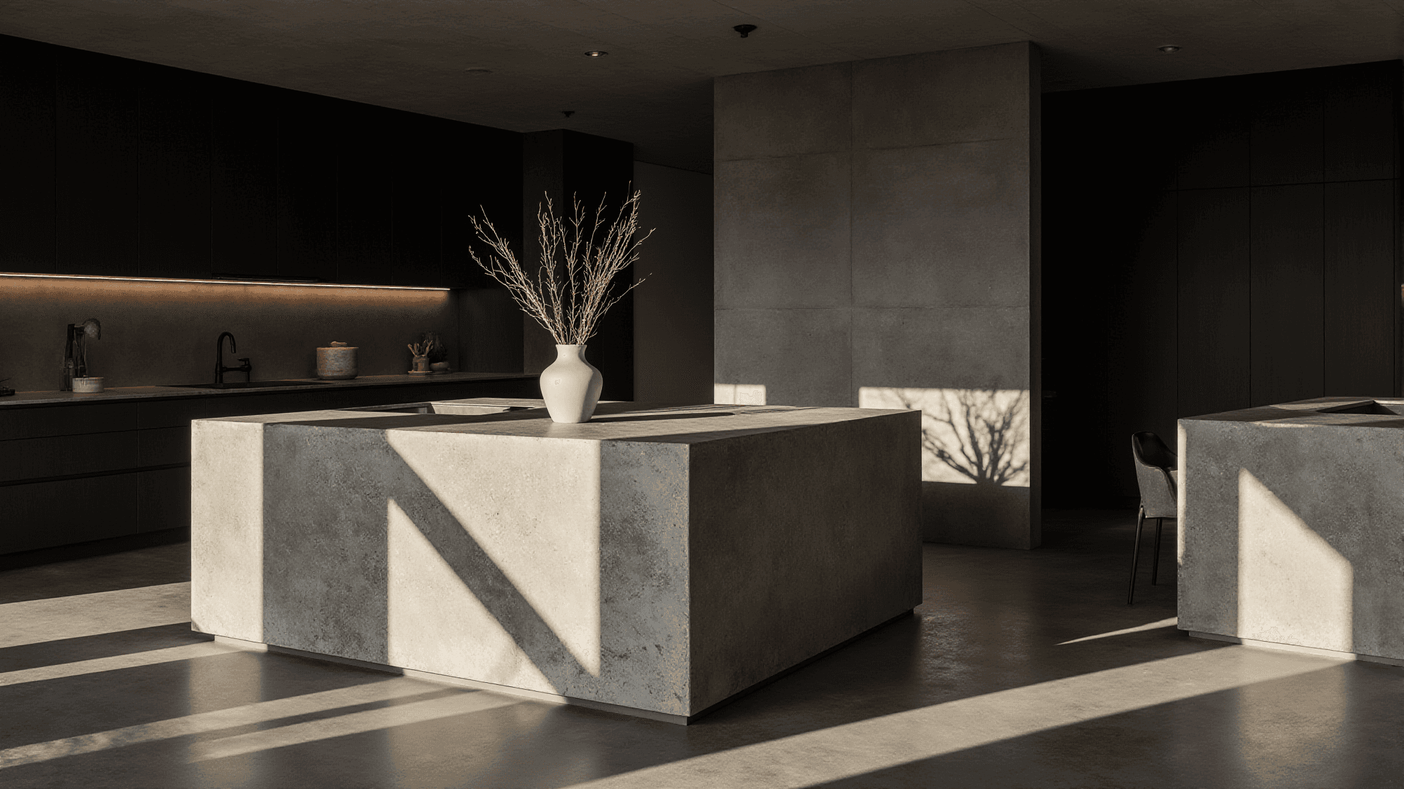 Contemporary kitchen with stone island and soft natural light casting shadows across the floor.
