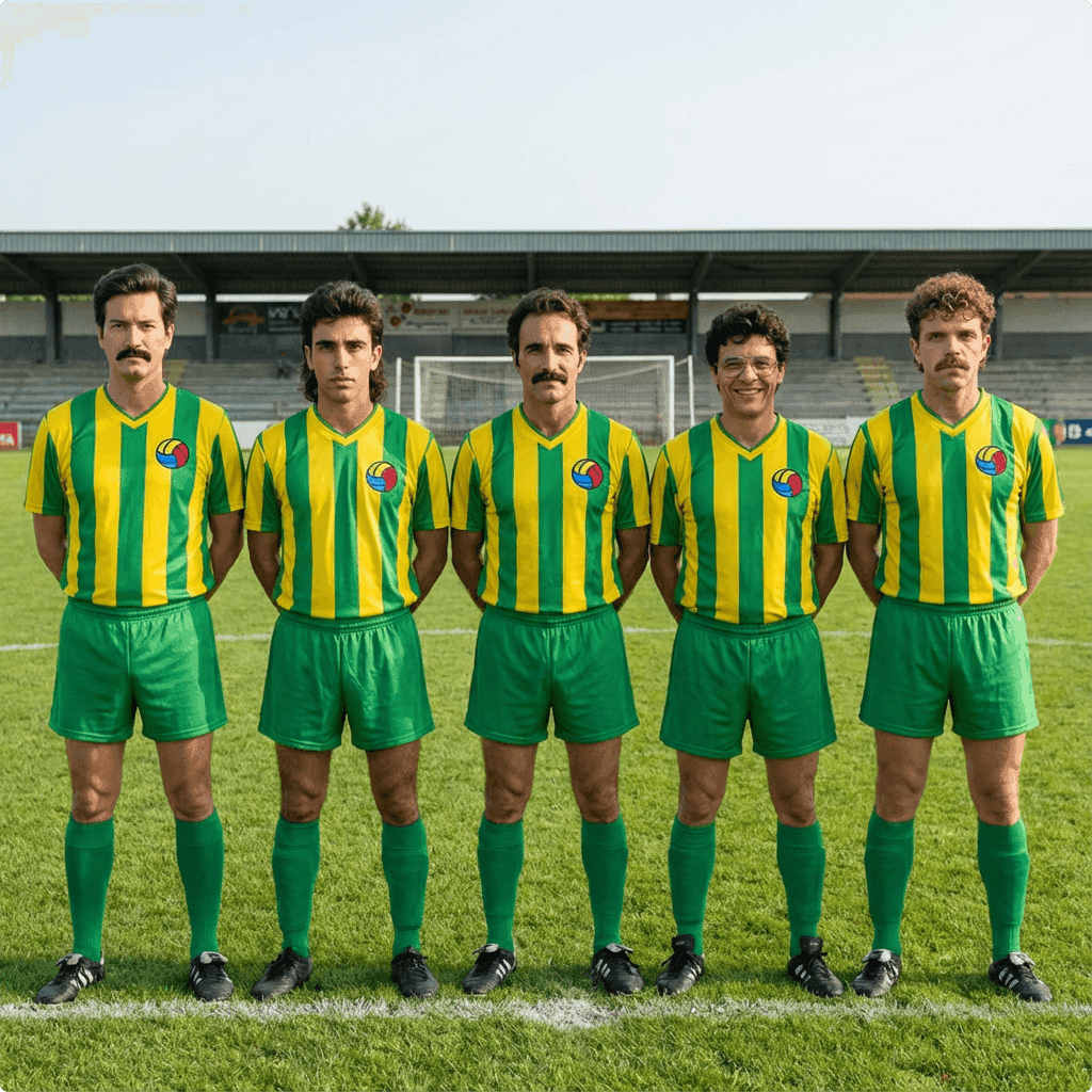 A group of four casually dressed people posing in a bright, modern room with large windows and bookshelves. They are looking confidently at the camera, with natural light filling the space.