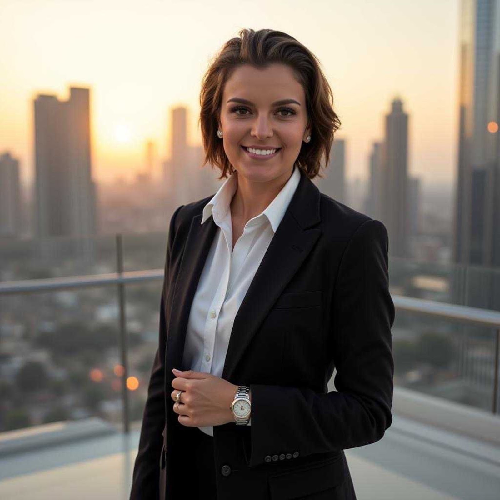 A woman in a suit smiles confidently on a rooftop at sunset, with a city skyline in the background, conveying professionalism and optimism.