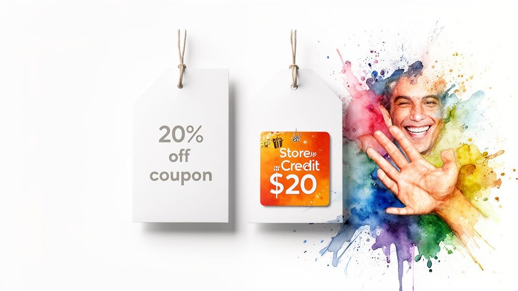White price tags show a 20% off coupon and $20 store credit, with a joyful man.