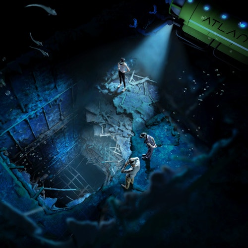 Tiga penyelam meneroka bangkai kapal yang tenggelam, diterangi oleh kapal selam hijau berlabel "ATLANTIS." Ikan berenang di sekitar pemandangan tersebut.