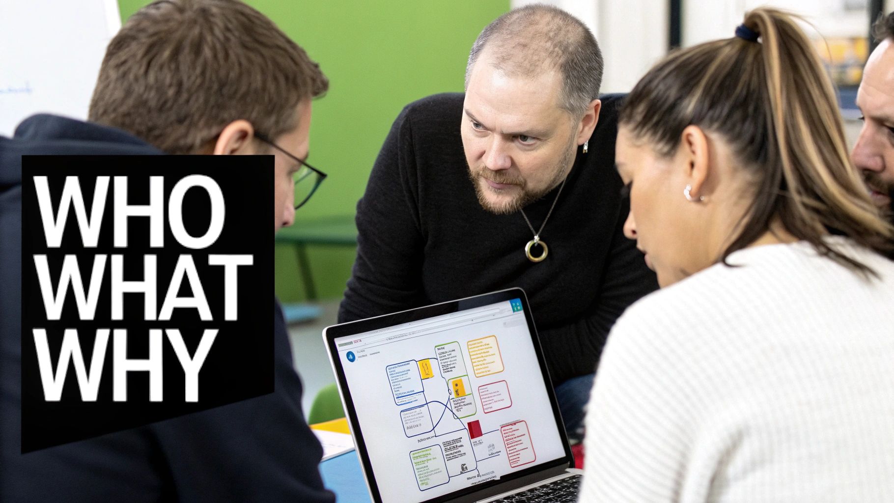 A person pointing at a user journey map, illustrating the focus on user personas and motivations.