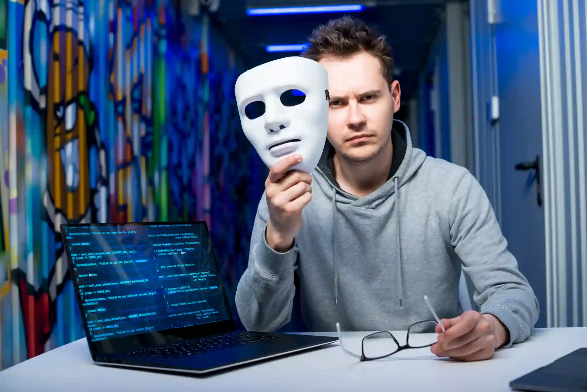 Male hacker removing a white mask while working on a laptop displaying computer code.