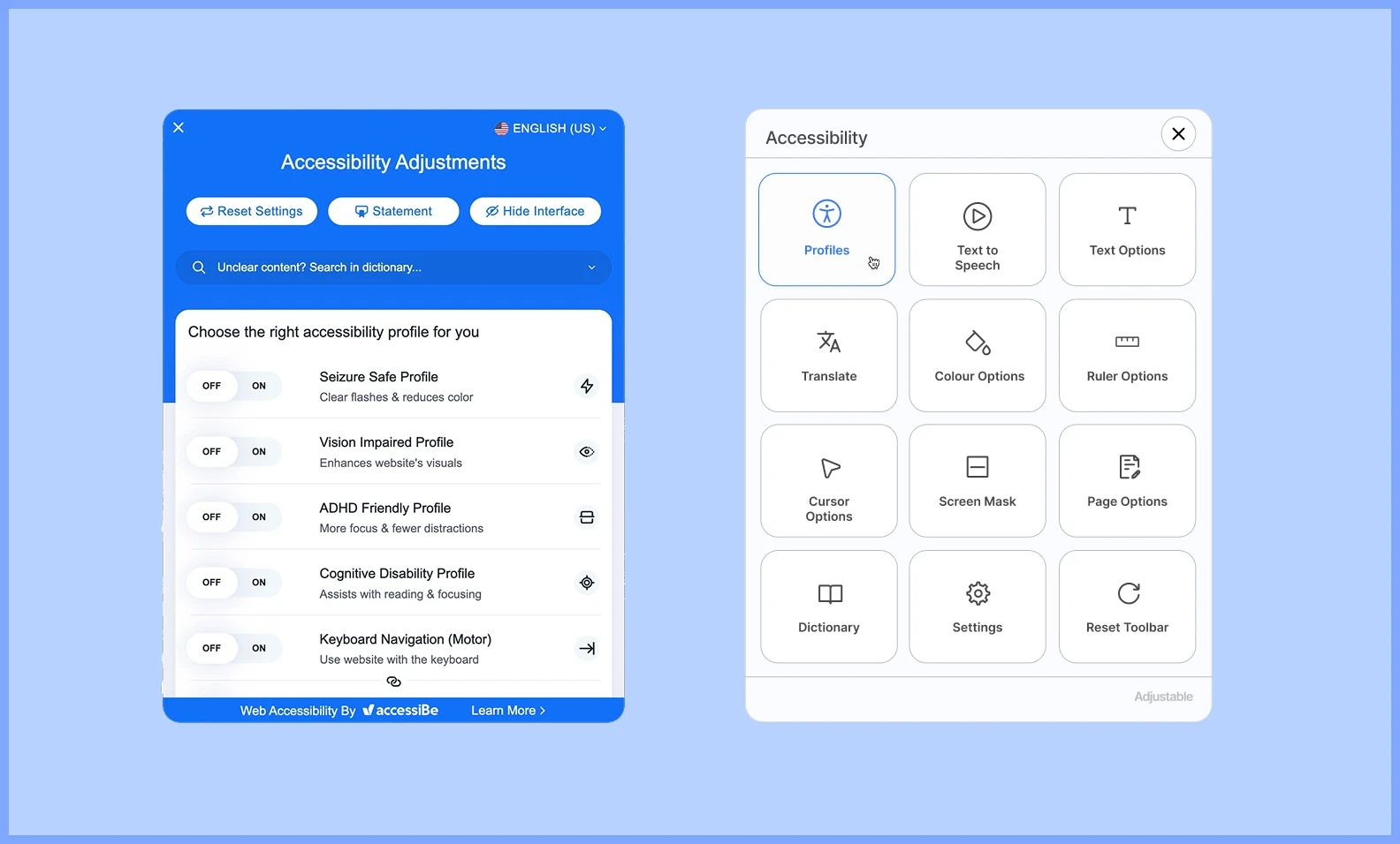 Widget comparison screenshots - AccessiBe vs Adjustable