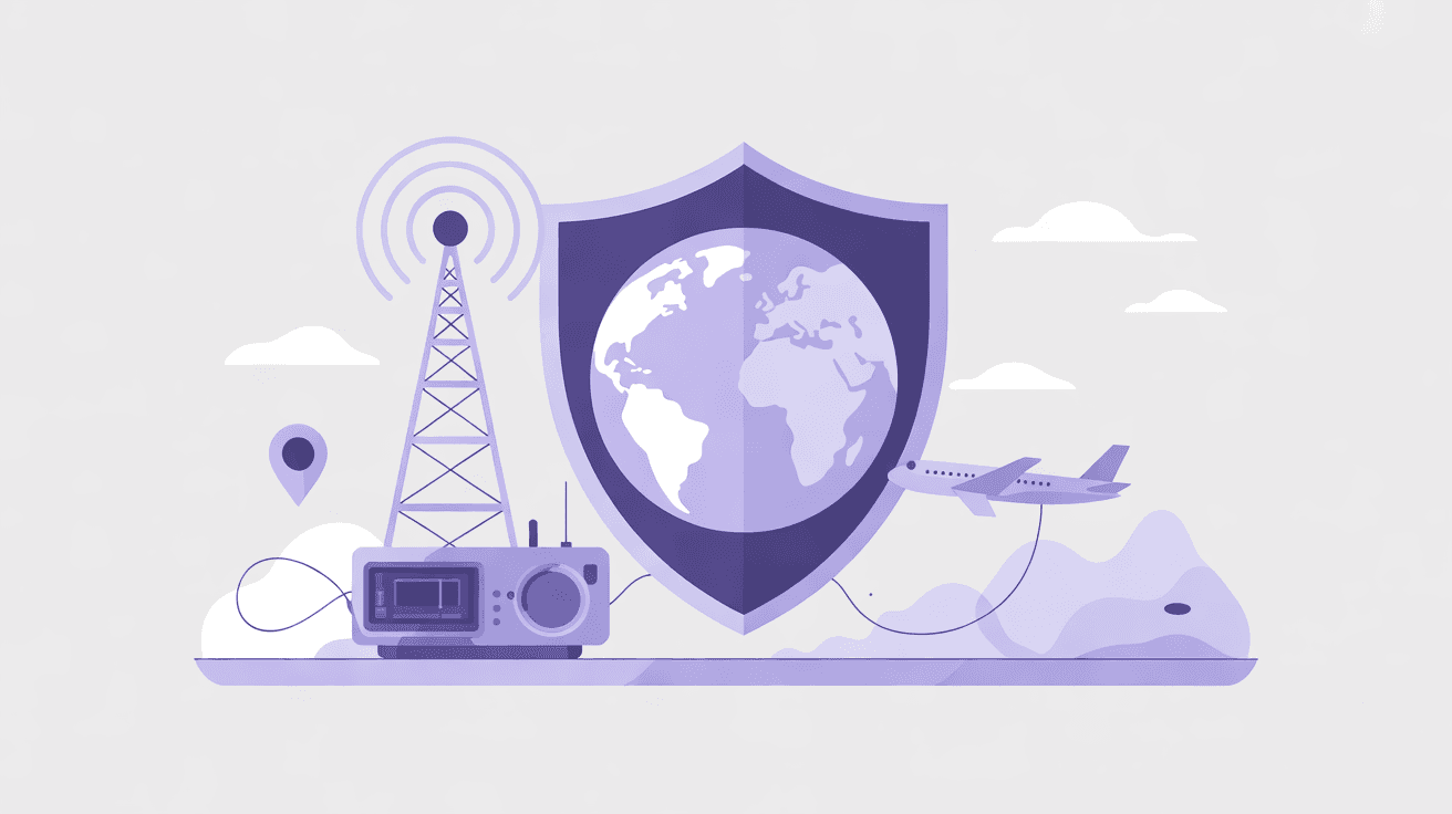 A shield with a globe inside beside a radio tower, representing a connection you can rely on