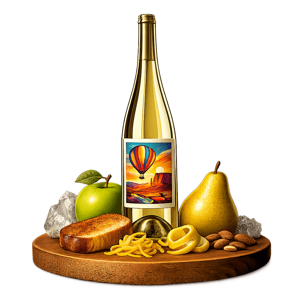 Artistic label and flavor profile for New Mexico Sparkling Wine on a rustic wooden table.