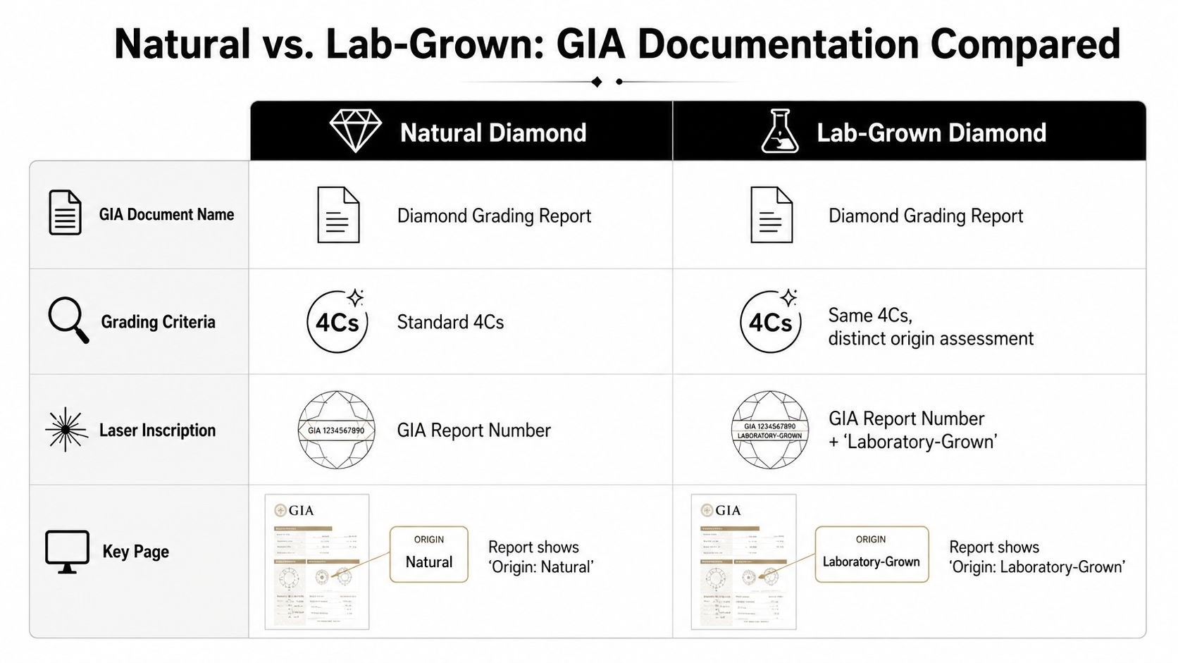 A comparison table showing the differences and similarities between GIA documentation for natural and lab-grown diamonds.