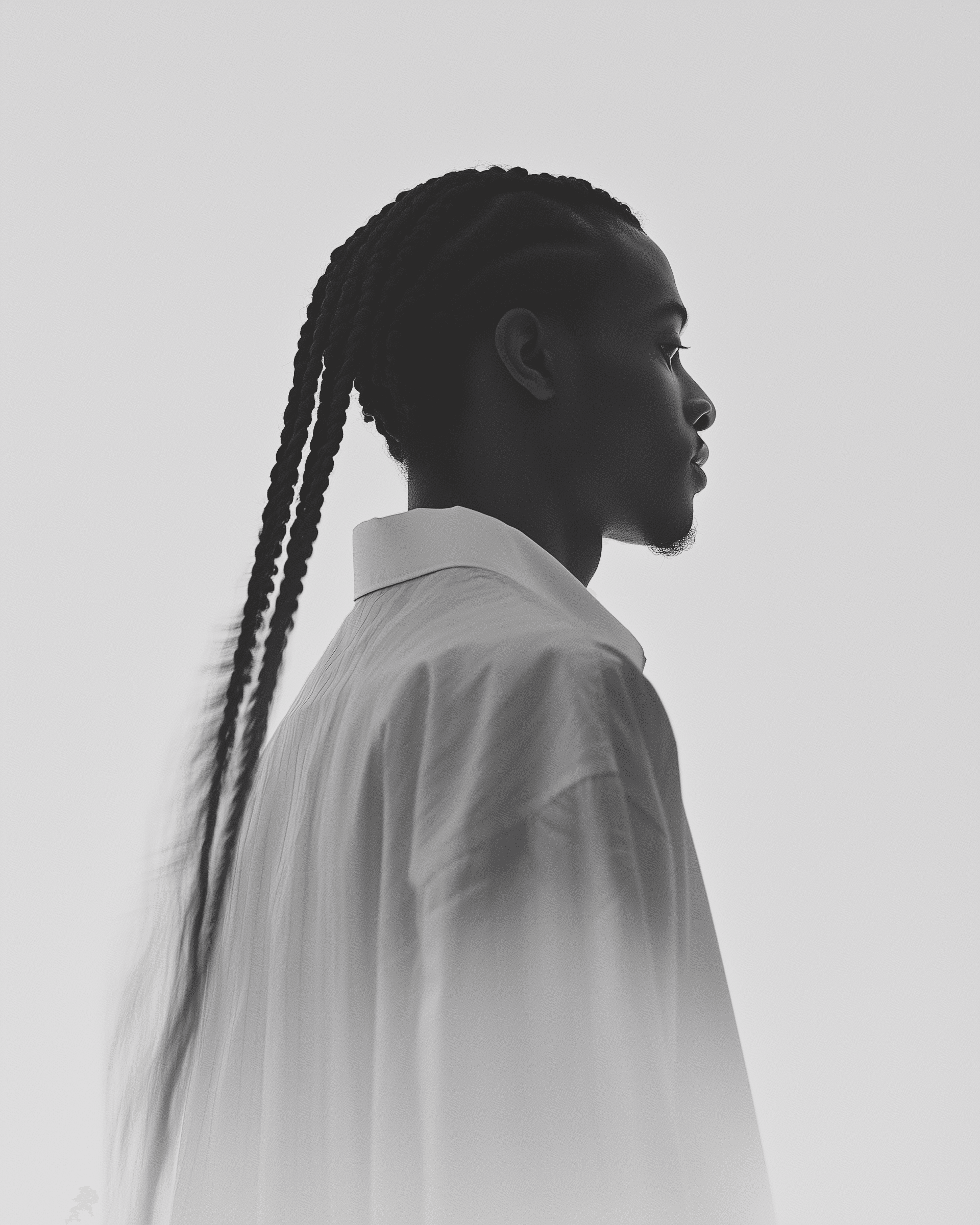 A black and white portait of a guy with braids hair against a clean white background