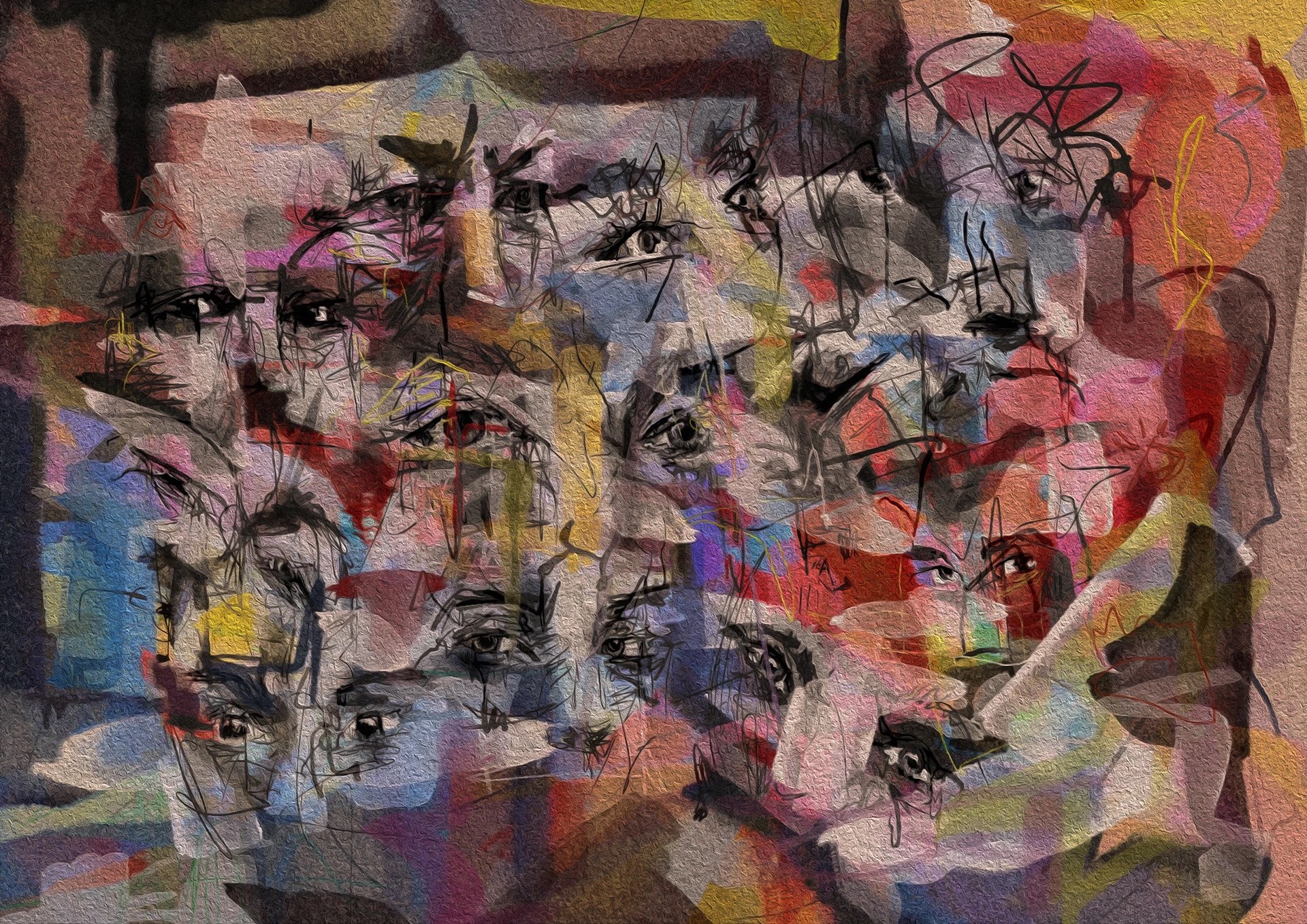 Layered abstract portrait with expressive eyes sketched over a textured canvas. The composition merges raw linework and saturated colors—reds, blues, yellows—blurring identity and emotion into a chaotic yet intentional human mosaic. A study in multiplicity, memory, and inner vision.