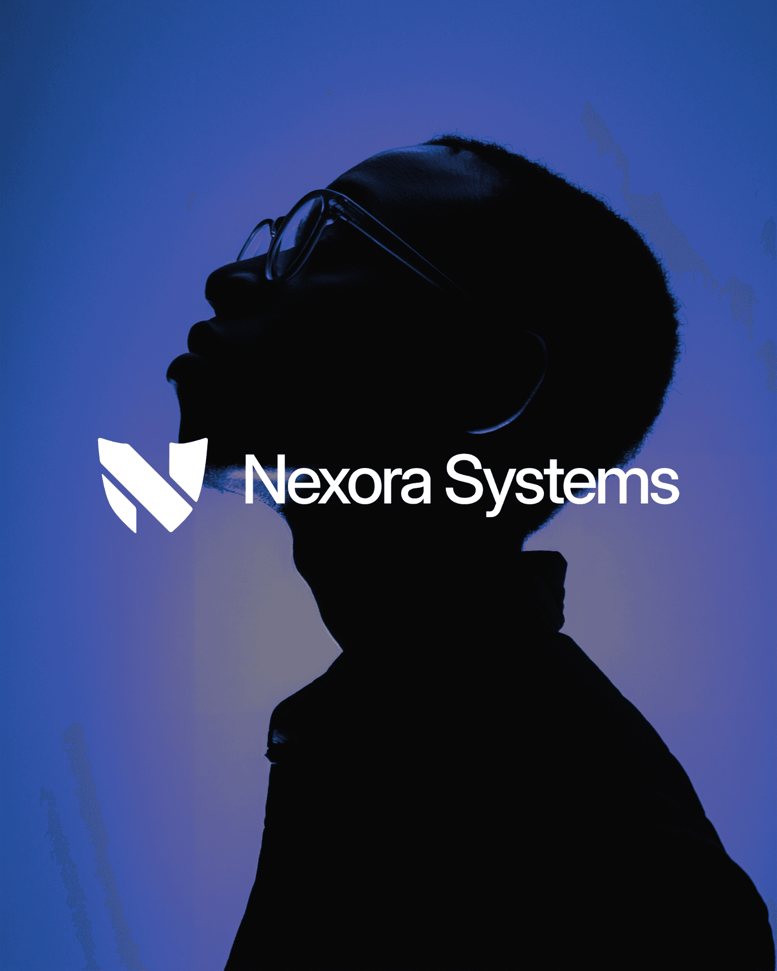 A silhouette of a man in front of a vibrant blue background with  the Nexora Systems logo featured in the center of the image.