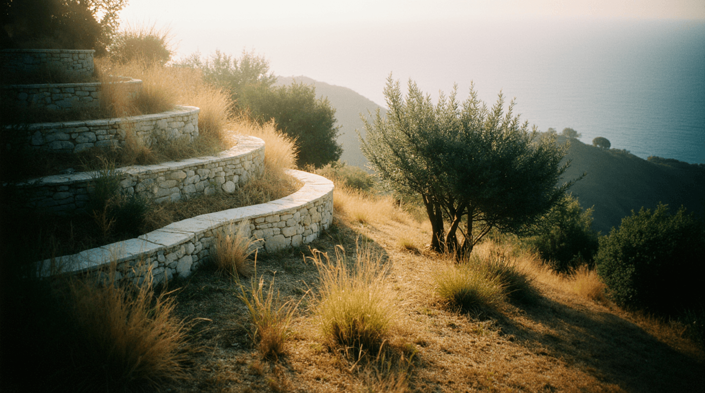 Tiered stone terraces with tall grasses and olive trees, overlooking a hazy coastline at sunset.
