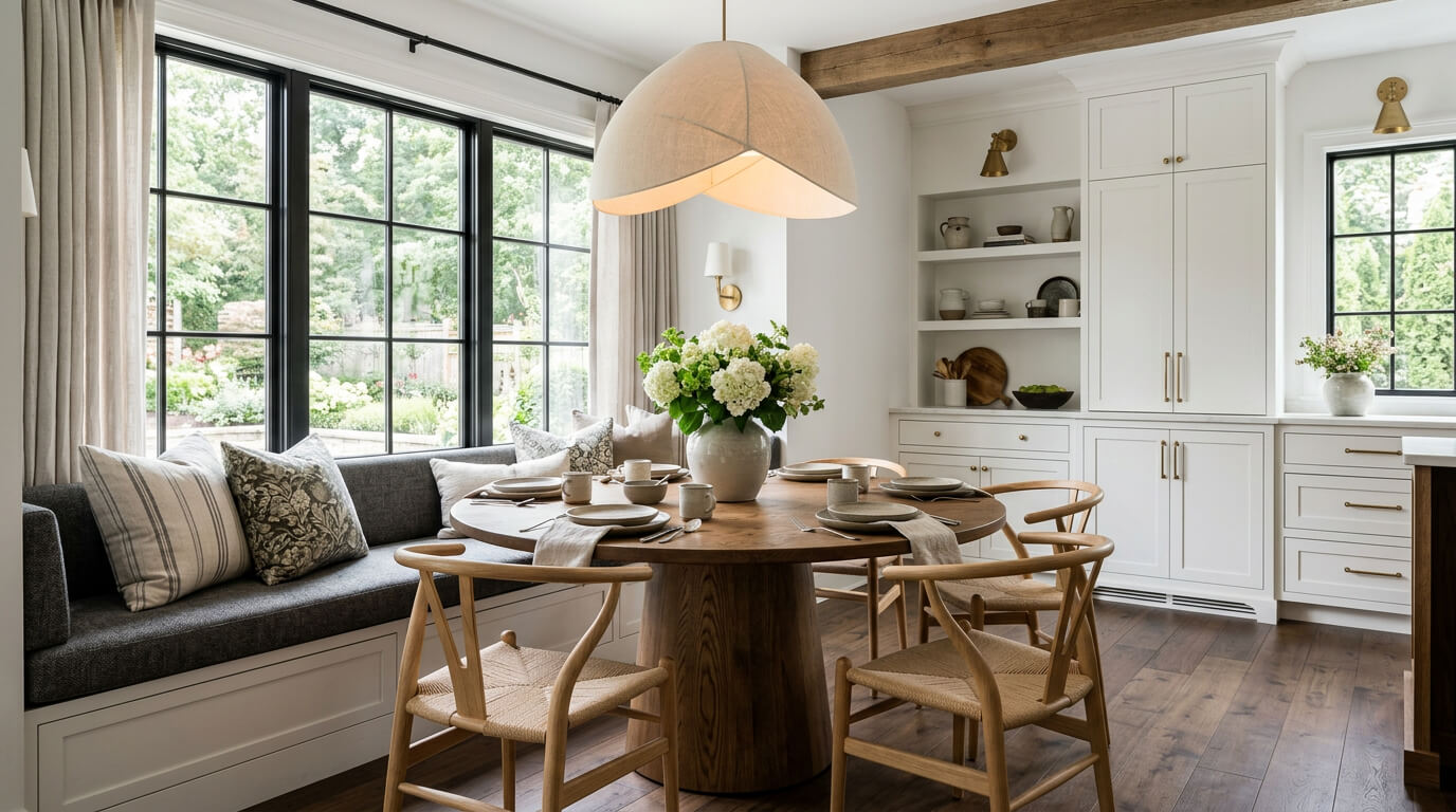 Bright dining nook with round wooden table, wishbone chairs, built-in banquette, and a large pendant light.