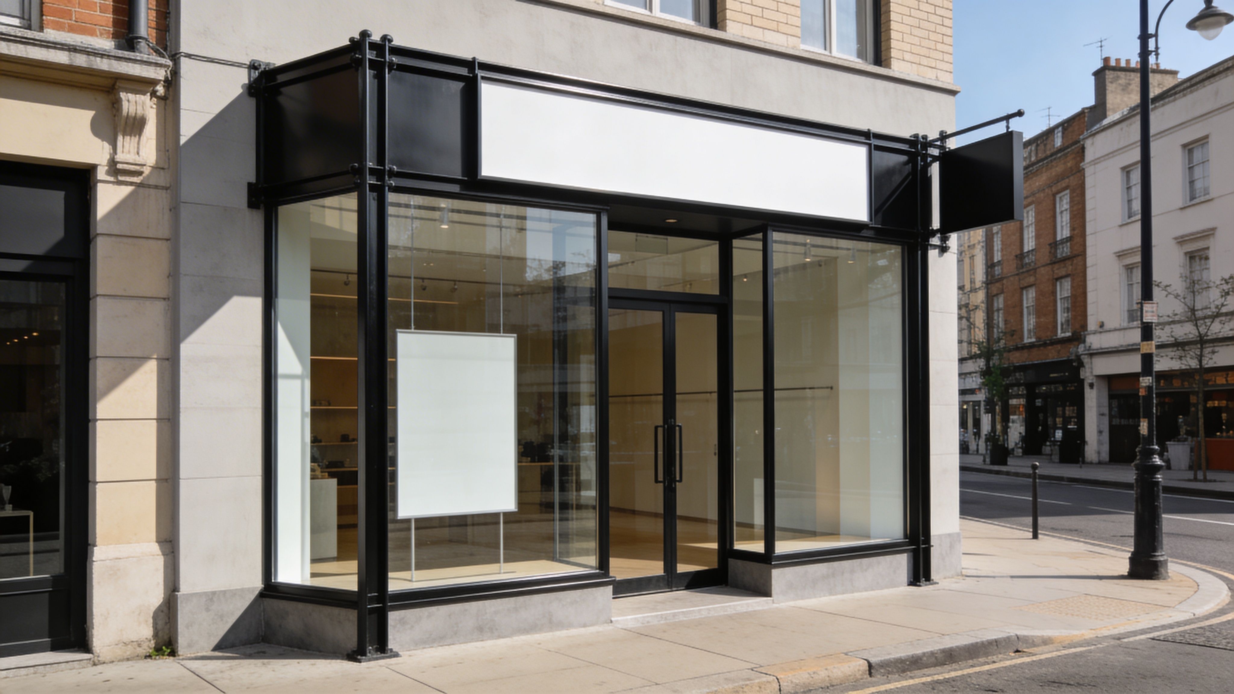 Street-facing retail storefront with large glass windows and blank signage in an urban setting