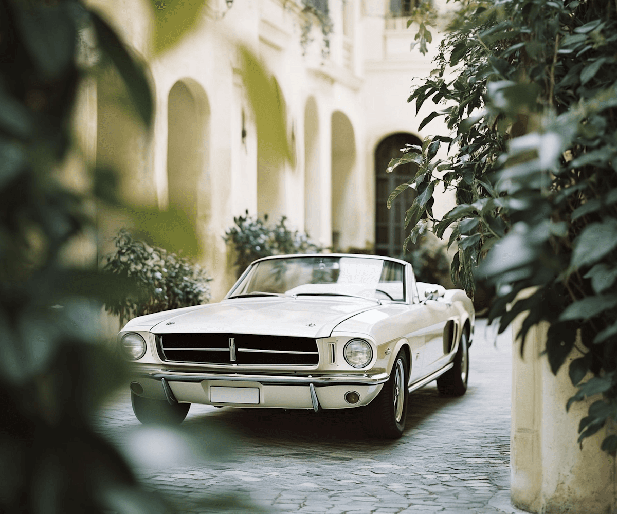 Vintage white convertible car parked in a sunlit courtyard with greenery and arched architecture