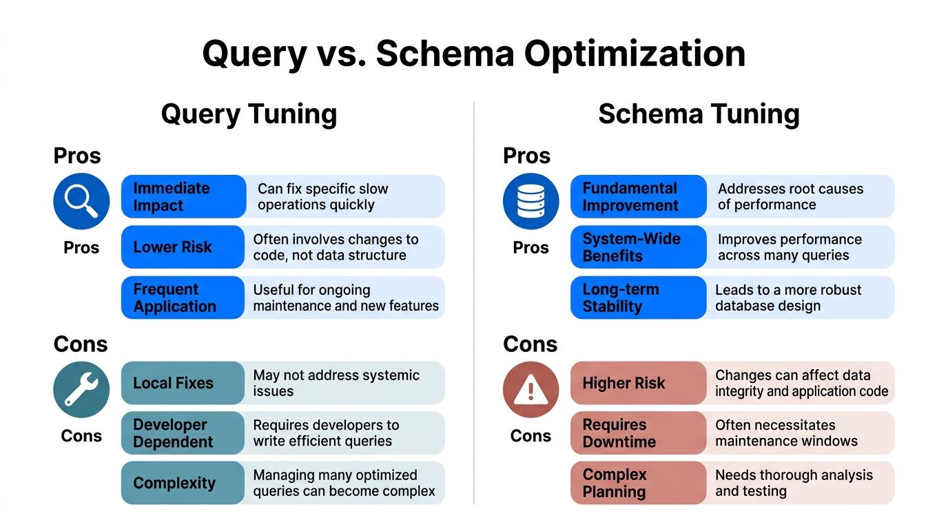 A comparison chart outlining the pros and cons of query tuning versus schema tuning for database performance.