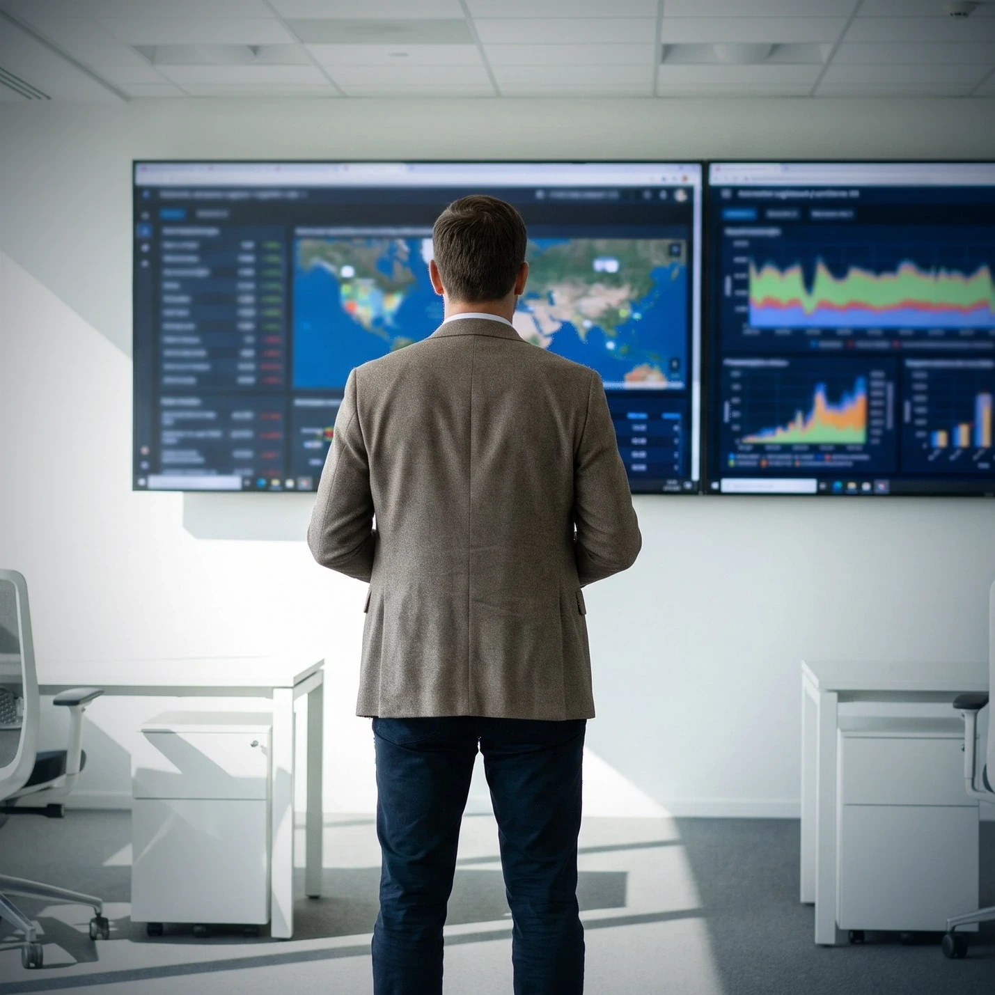 Operations leader reading plant dashboards on a wall of screens
