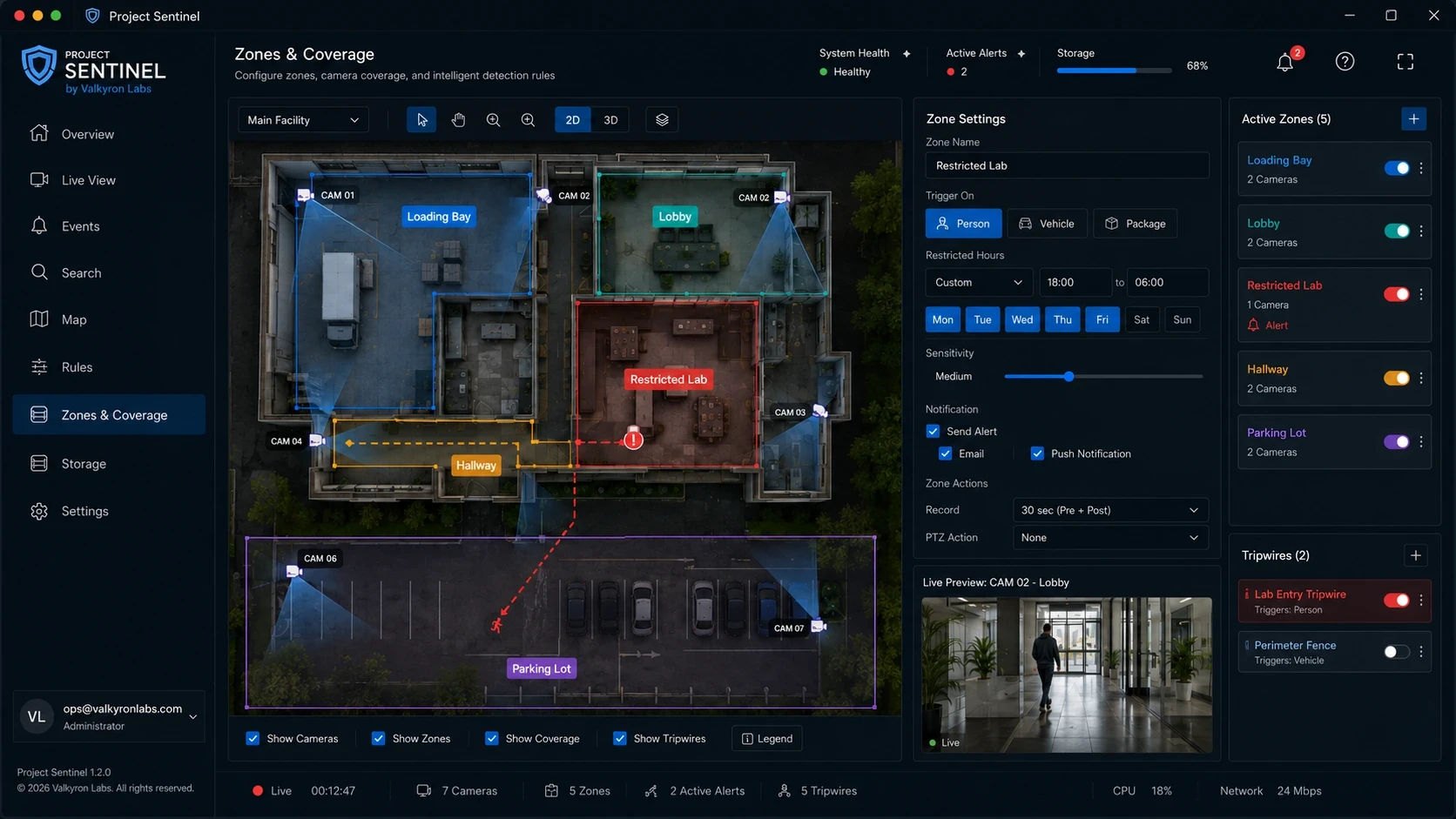 Project Sentinel concept map showing camera coverage, configurable activity zones, a restricted area, and virtual tripwires.