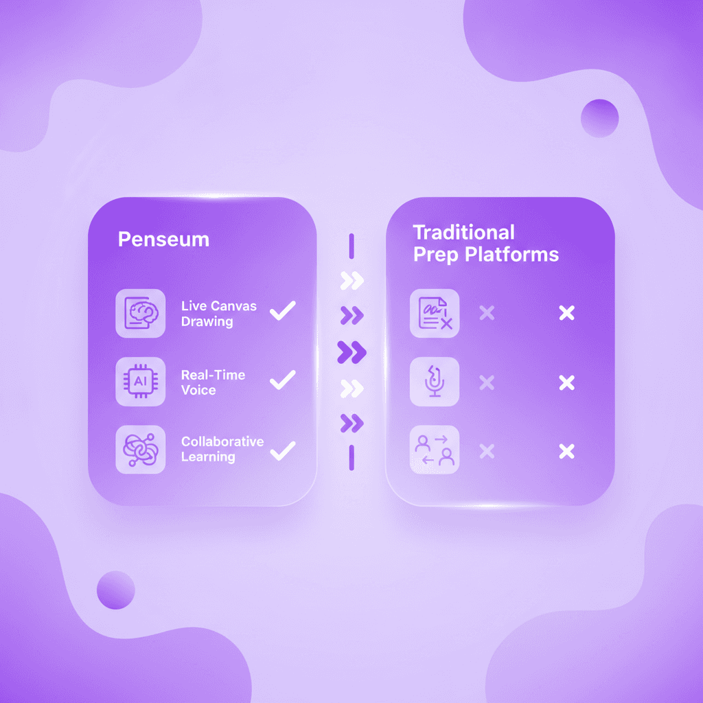 A comprehensive side-by-side comparison chart showing Penseum on the left and Traditional Prep Platforms on the right, checking off features like "Live Canvas Drawing" and "Real-Time Voice".