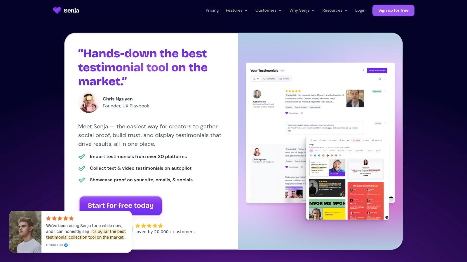 Senja's dashboard for managing and embedding testimonials