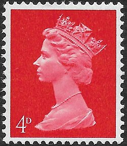 1967 British 4d Machin definitive stamp showing the Arnold Machin portrait of Elizabeth II.
