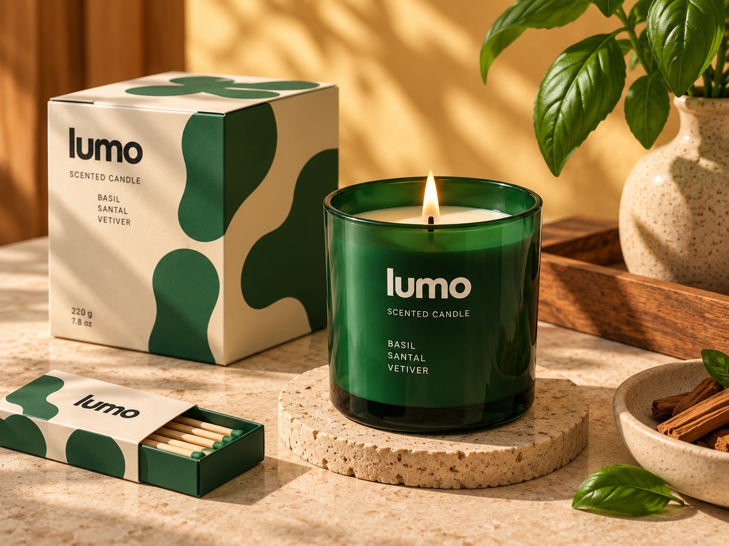 Lit Lumo candle with box, matches and botanical styling