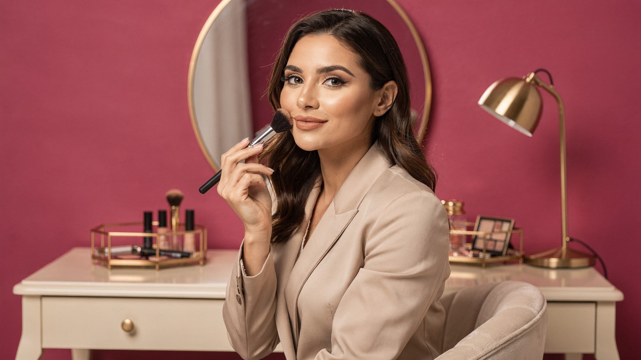 Beauty content creator at a styled vanity holding a makeup brush