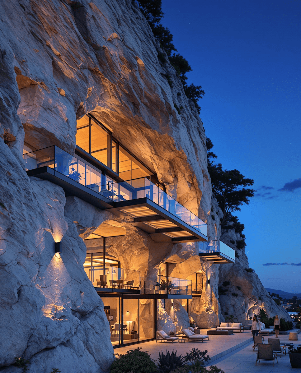 modern open lounge with palm trees outside