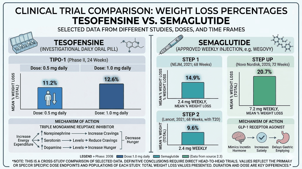 Tesofensine vs semaglutide weight loss clinical trial results comparison chart